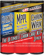 Maxima Ultimate Chain Wax Care Kit with three bottles of chain wax and lubricant for motorcycle chains.
