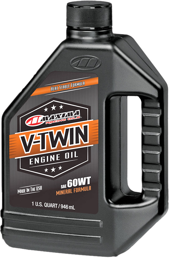 Maxima V-Twin engine oil 60wt, 32oz bottle, ideal for V-twin motorcycle engines, in a Maxima chemicals container.