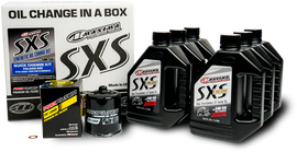 Maxima SXS Oil Quick Change Kit 5W50 with black oil filter for easy motorcycle engine maintenance.