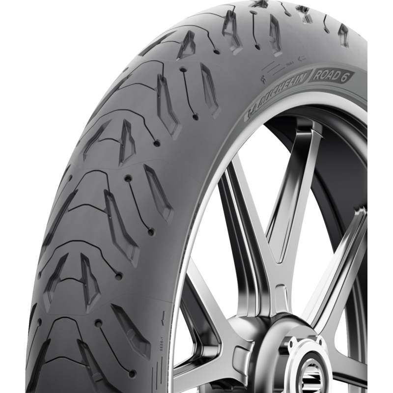 Michelin Power Road 6 front motorcycle tire with 120/70ZR17 size, black rubber tread, and sidewall branding.