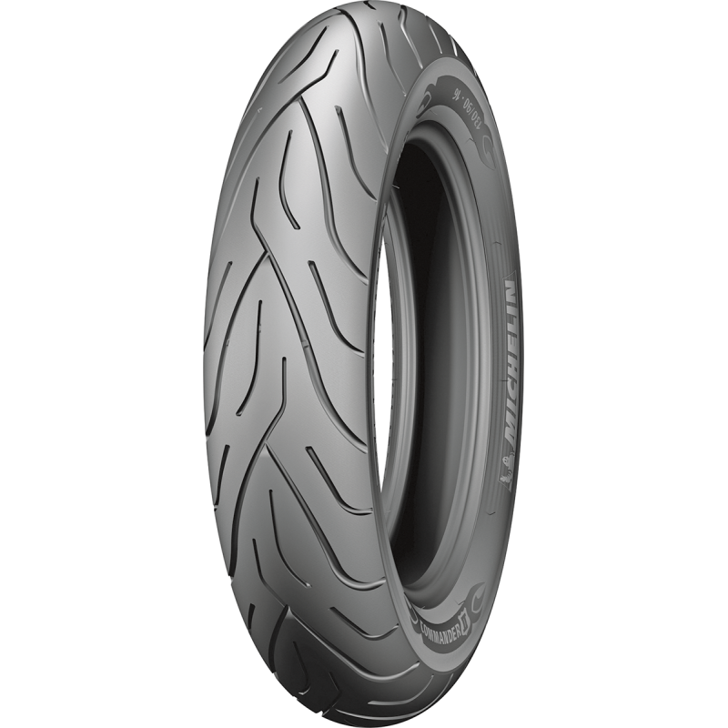 Michelin Commander III Touring front motorcycle tire with 90/90-21 size and 54H load index, shown on a black motorcycle wheel.