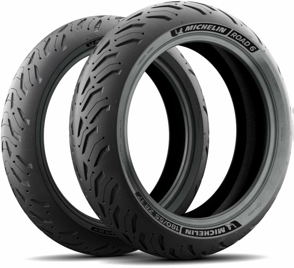 Michelin Road 6 front motorcycle tire, 110/80ZR19 radial tubeless tire with W speed rating, shown mounted on a wheel.