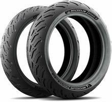 Load image into Gallery viewer, Michelin Road 6 front motorcycle tire, 110/80ZR19 radial tubeless tire with W speed rating, shown mounted on a wheel.