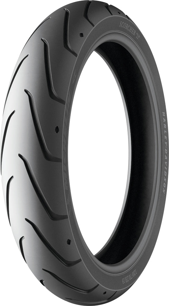 Michelin Tire Scorcher 11 front motorcycle tire 120/70ZR19 radial tubeless tire with 60W load rating.