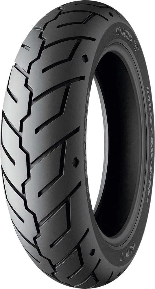Michelin Tire Scorcher 31 Rear 150/80B16 motorcycle tire with bias reinforcement and load index 77H, viewed from the side.