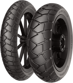 Michelin Tire Scorcher Adventure front tire 120/70R19 60V radial for motorcycle, showing tread pattern and sidewall details.