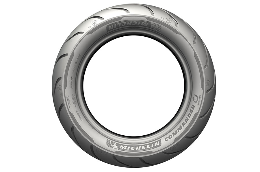 Michelin Commander III 100/90 B19 front cruiser motorcycle tire mounted on wheel, showcasing tread pattern and sidewall details.