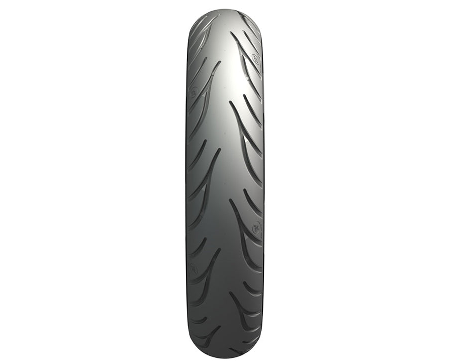 Michelin Commander III 100/90 B19 front cruiser tire mounted on wheel, showcasing tread pattern and sidewall design.