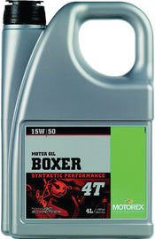Motorex Boxer 15W50 4T motor oil in 4-liter bottle, part of a 4-case pack, suitable for 4-stroke engines, chemical product.