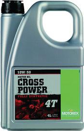 Motorex Cross Power Motor Oil 10W50 4L container for 4-stroke engines, part of a case of four bottles, chemical motor oil.