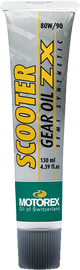 Motorex Gear Oil Scooter ZX 80W90 bottle, 130ml, used for motorcycle gear lubrication, displayed in a case of 12 bottles.