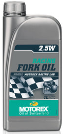 Motorex Low Friction Racing Fork Oil 2.5W in 1 liter bottle, designed for motorcycle suspension forks, high-performance motor oil