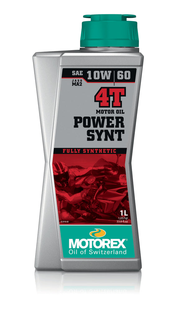 Motorex Power Synt 10W60 4T synthetic motorcycle engine oil bottle, 1 liter, part of a 10-pack case.