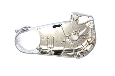 Motorshop chrome inner primary cover for motorcycle drive line, shiny and polished metal with detailed branding