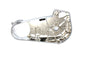 Motorshop chrome inner primary cover for motorcycle drive line, shiny and polished metal with detailed branding