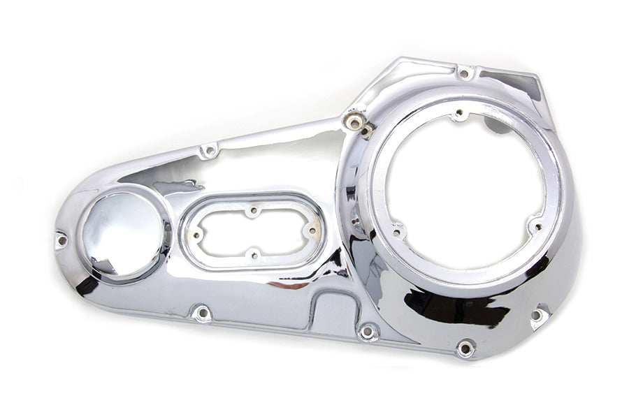 Motorshop chrome outer primary cover for drive line, featuring a polished chrome finish on a motorcycle engine component