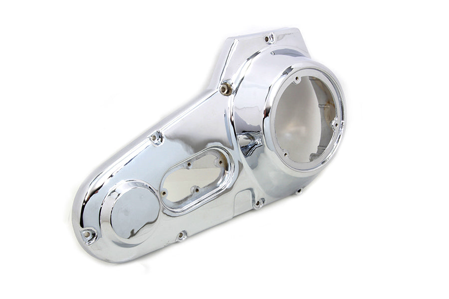 Motorshop chrome outer primary cover for drive line, shiny metallic finish, fits motorcycle engine primary case.