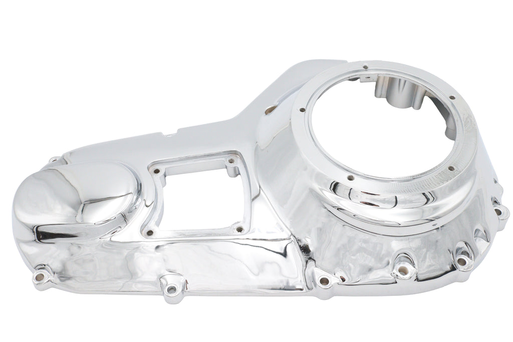 Motorshop chrome outer primary drive line cover for motorcycle, shiny and reflective with smooth finish.