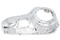 Motorshop chrome outer primary drive line cover for motorcycle, shiny and reflective with smooth finish.