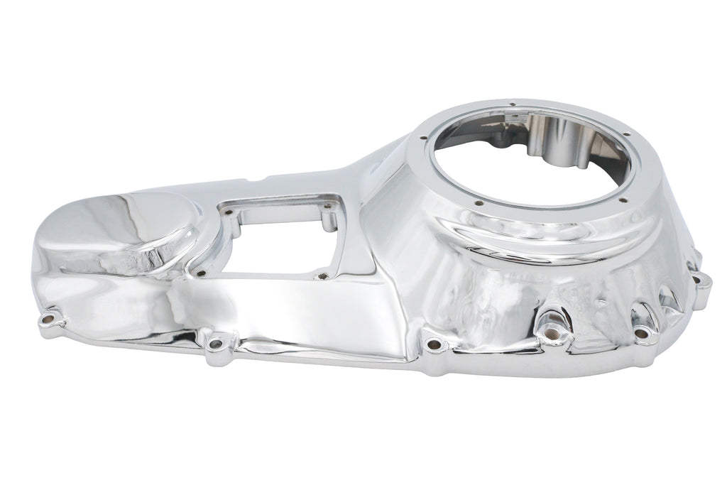 Motorshop chrome outer primary cover for drive line, showcasing a shiny, polished motorcycle engine part with a sleek finish.