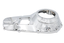 Load image into Gallery viewer, Motorshop chrome outer primary cover for drive line, showcasing a shiny, polished motorcycle engine part with a sleek finish.