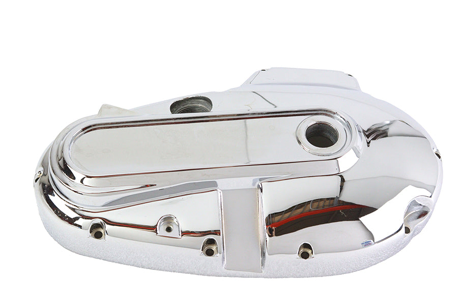 Motorshop chrome outer primary cover for drive line, shiny metallic finish, designed for motorcycle engine protection and style