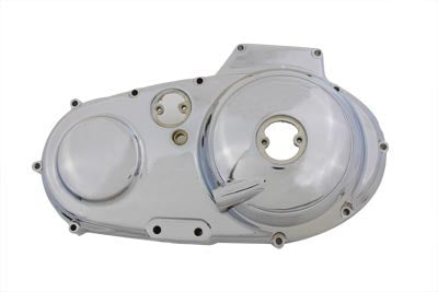 Motorshop chrome outer primary cover for drive line, showcasing a shiny chrome finish on a motorcycle engine component.