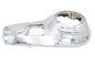 Motorshop chrome outer primary cover for drive line, shiny metal finish with smooth, rounded design for motorcycle engine protection.