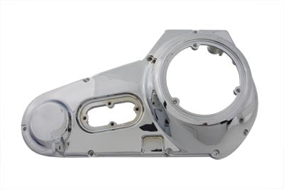 Chrome outer primary cover for motorcycle drive line by Motorshop, featuring a sleek, polished finish and durable construction.