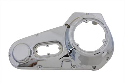 Motorshop chrome outer primary cover for drive line, showcasing a shiny, polished motorcycle engine component.