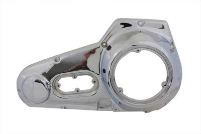 Motorshop chrome outer primary cover for drive line, shiny chrome finish, designed for motorcycle primary drive protection.