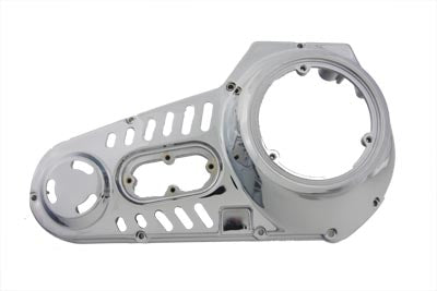 Motorshop chrome outer primary cover for drive line, showcasing a shiny, durable motorcycle engine component.