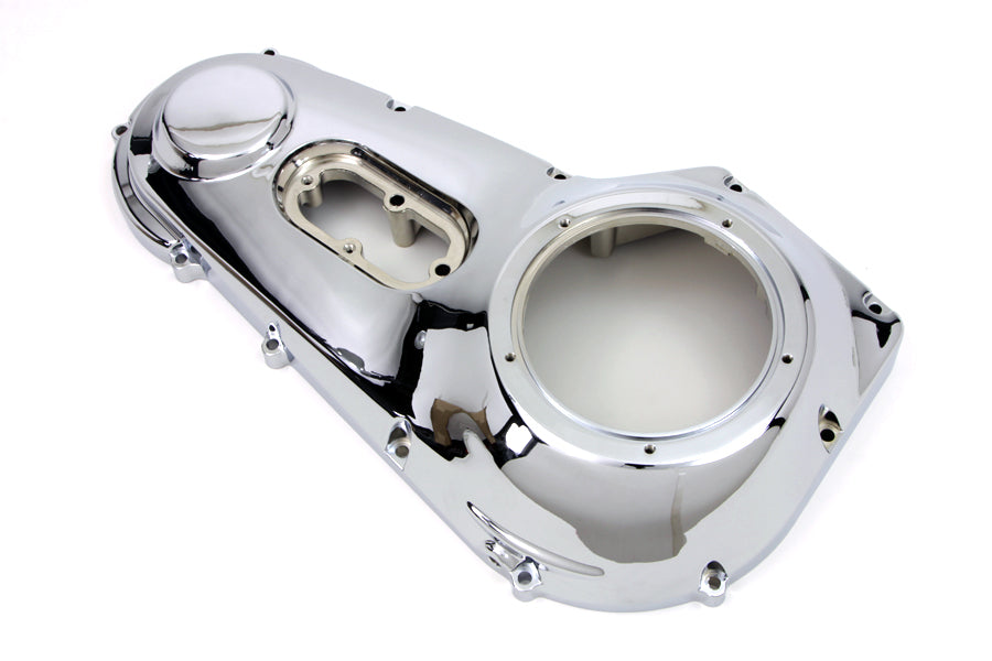 Chrome outer primary cover for motorcycle drive line by Motorshop, showcasing a shiny, polished finish on a black background.