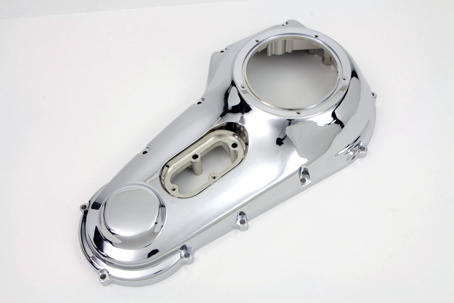 Motorshop chrome outer primary cover for drive line, showcasing a shiny, detailed metallic finish on a motorcycle engine component.
