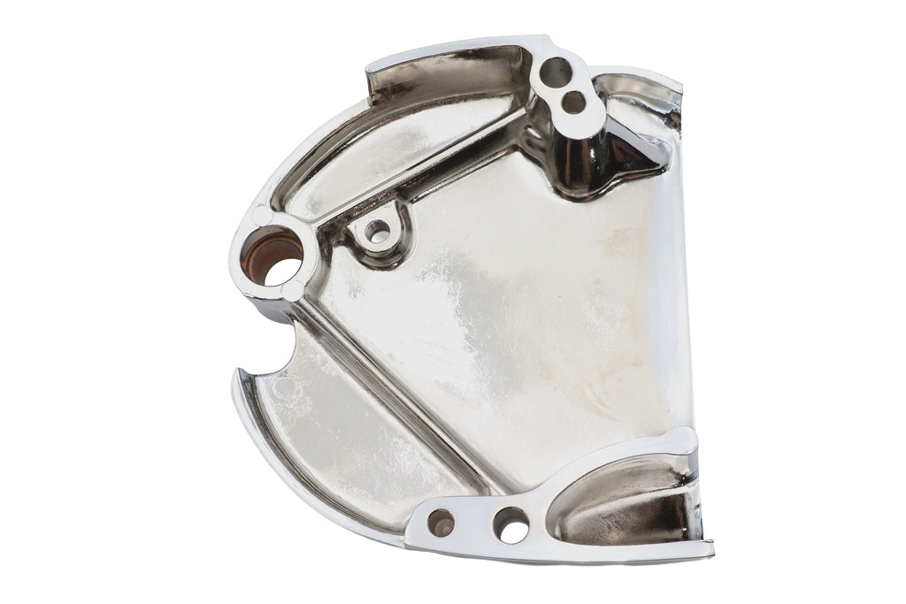 Chrome reinforced sprocket cover for drive line from Motorshop, designed to protect and enhance motorcycle sprocket and drive components.