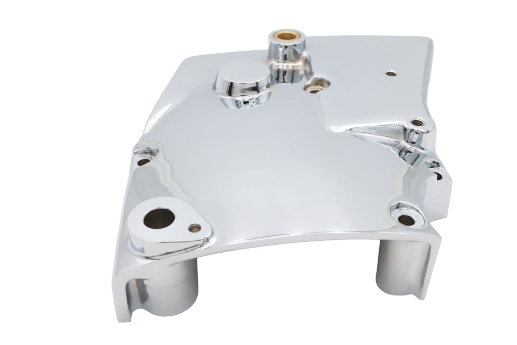 Motorshop chrome sprocket cover for drive line, showcasing shiny chrome finish and durable construction on a motorcycle.