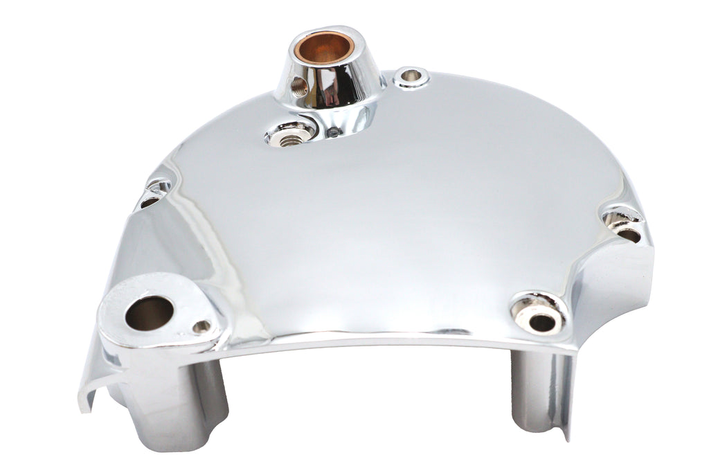 Motorshop chrome sprocket cover for drive line, featuring a shiny chrome finish and detailed design on a motorcycle.