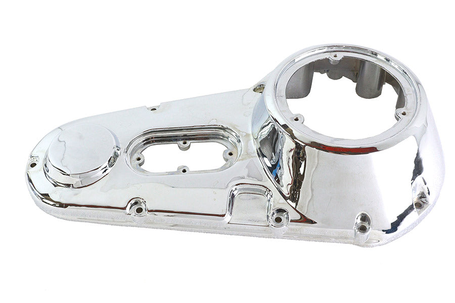 Motorshop Drive Line factory sample chrome outer primary cover for motorcycle, showcasing shiny chrome finish and detailed design.