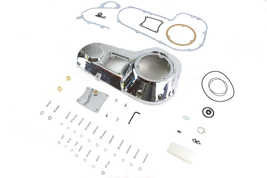 Chrome outer primary cover kit for FXR motorcycle from Motorshop, featuring a sleek drive line design.