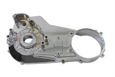 Chrome inner primary cover for motorcycle drive line by Motorshop, showing a shiny, polished metal finish and detailed mounting surface.