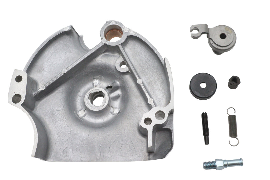 Polished Motorshop kick and electric sprocket cover for drive line, showcasing a complete, shiny motorcycle sprocket cover.