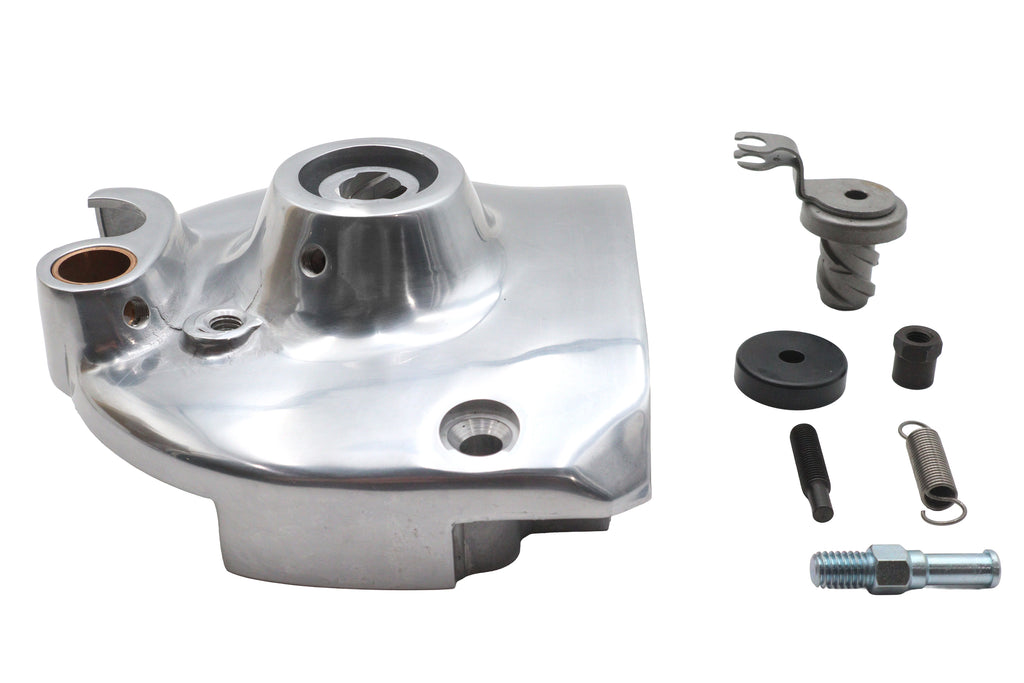 Polished Motorshop drive line kick and electric sprocket cover, complete and shiny, for motorcycle protection and style.
