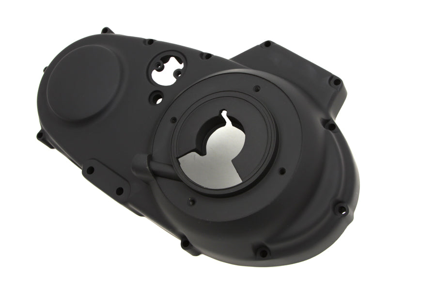 Black MOTORSHOP outer primary cover for drive line, showing a close-up of the durable motorcycle part with mounting hardware.