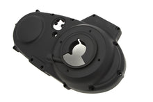 Load image into Gallery viewer, Black MOTORSHOP outer primary cover for drive line, showing a close-up of the durable motorcycle part with mounting hardware.