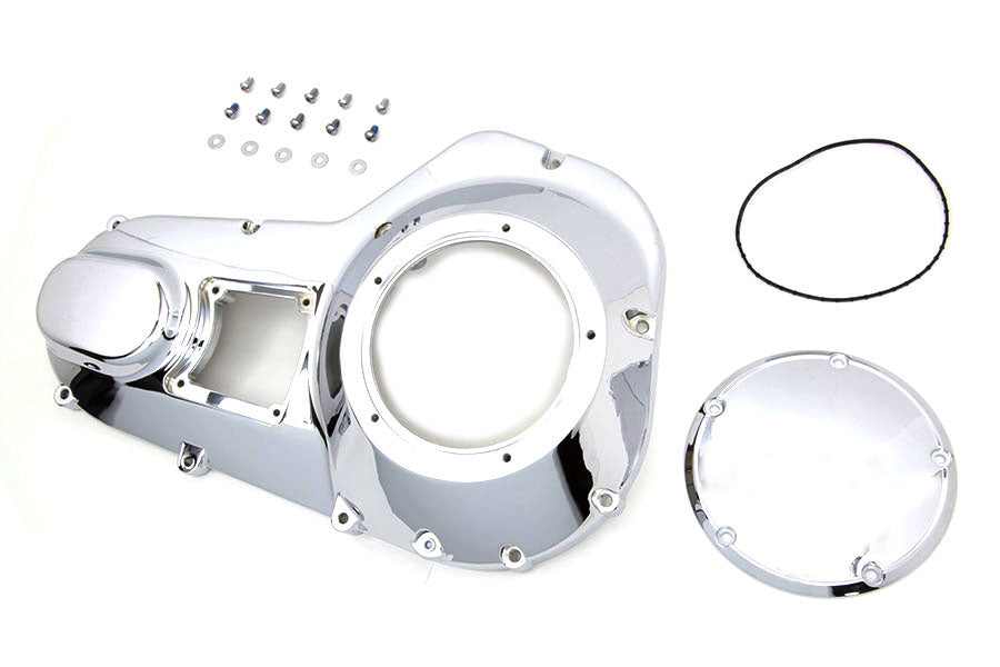 Chrome outer primary cover for motorcycle drive line, branded Motorshop, showcasing a shiny, durable protective part.