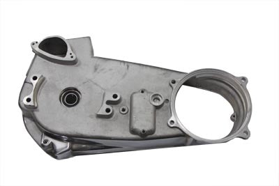 Polished inner primary cover for motorcycle drive line by Motorshop, showing a shiny, chrome-finished metal component.