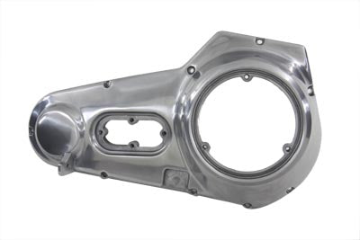 Polished outer primary cover for motorcycle drive line by Motorshop, with a sleek, shiny finish and detailed metal surface.