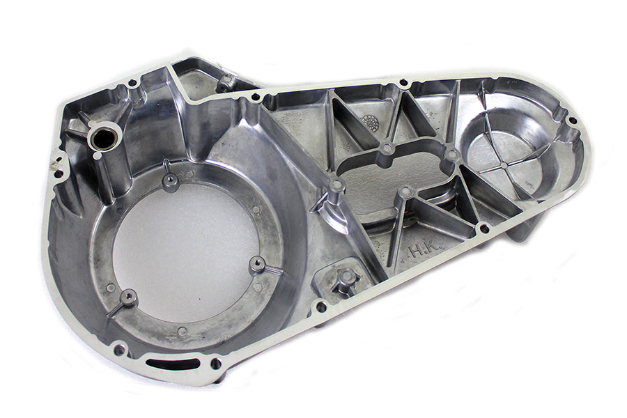 Motorshop polished outer primary cover kit for drive line, showcasing a shiny, chrome-finished motorcycle primary cover.