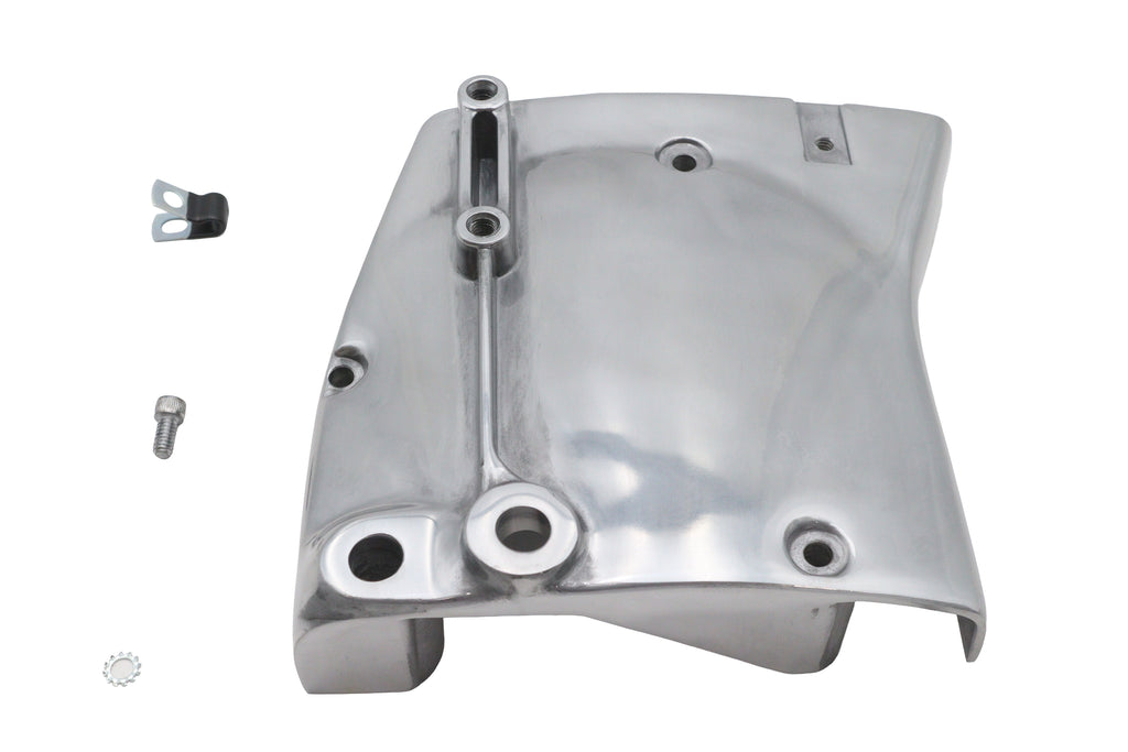 Polished sprocket cover from MOTORSHOP for drive line, showcasing a shiny, chrome-finished motorcycle sprocket cover.