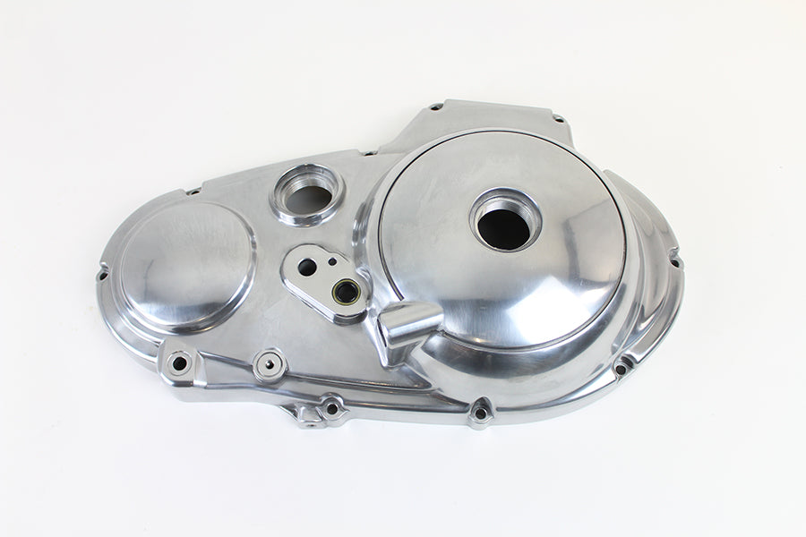 Polished Motorshop primary drive line cover showing a shiny, smooth finish on a black automotive component.